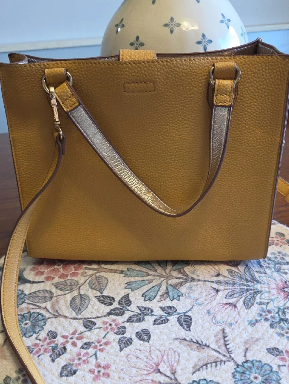 Anne Klein Mustard Yellow Pebbled Satchel with Scarf Accent